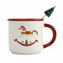 Кружка с ложкой 470мл."Елка/Лошадка-качалка" красная