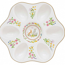 Блюдо для яиц, 21 см, 6 отд, фарфор P, белое, Кролики и цветы, Happy Easter